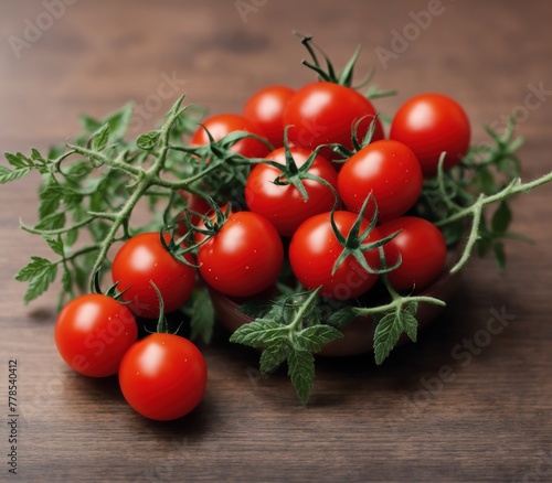 A bunch of red tomatoes on a wooden table.