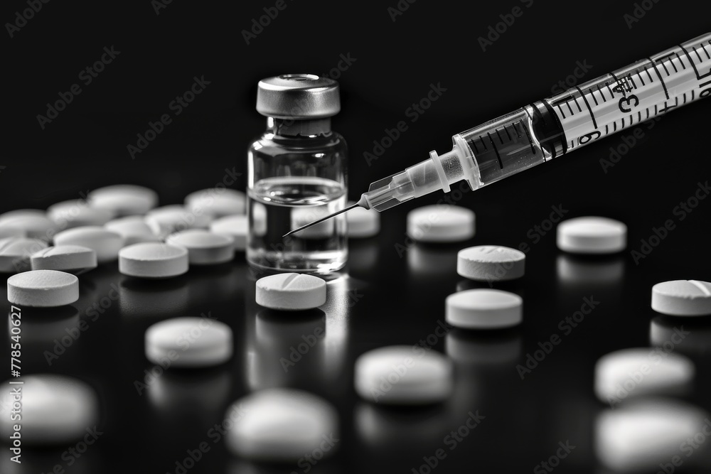 Magazine Injection Medical injection with pills and vial against black background, balc ...