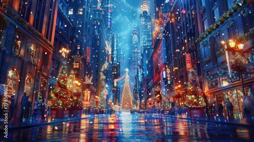 A magical holiday light display illuminating a city skyline, with towering buildings adorned with colorful lights and festive decorations, transforming the urban landscape into a sparkling winter wond