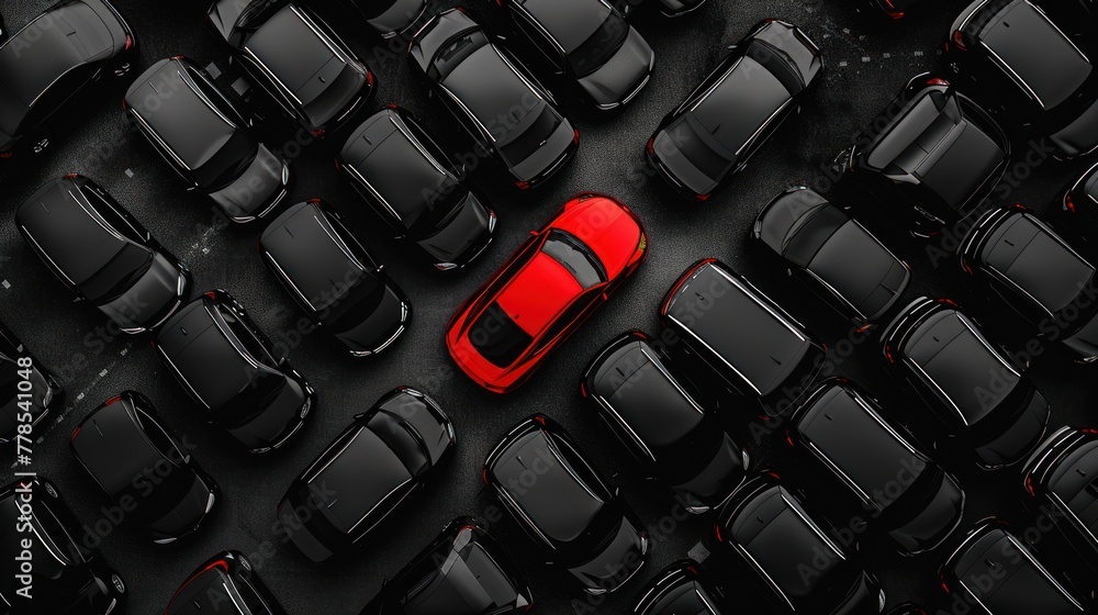 Top view a red car surrounded by group of black cars concept. AI generated image - obrazy, fototapety, plakaty 