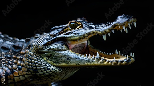 portrait of a crocodile with open mouth, photo studio set up with key light, isolated with black background and copy space