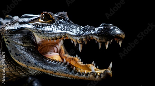 portrait of a crocodile with open mouth  photo studio set up with key light  isolated with black background and copy space
