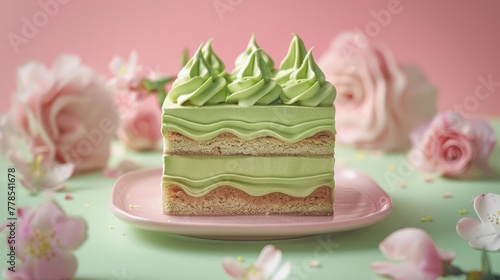 Delectable Layered Cake with Vibrant Green Cream and Floral Garnishes on Pink Background