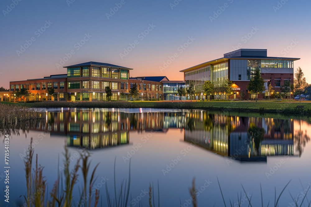 A sprawling school campus at dusk, with the buildings' lights beginning to twinkle, reflected in the adjacent calm lake.