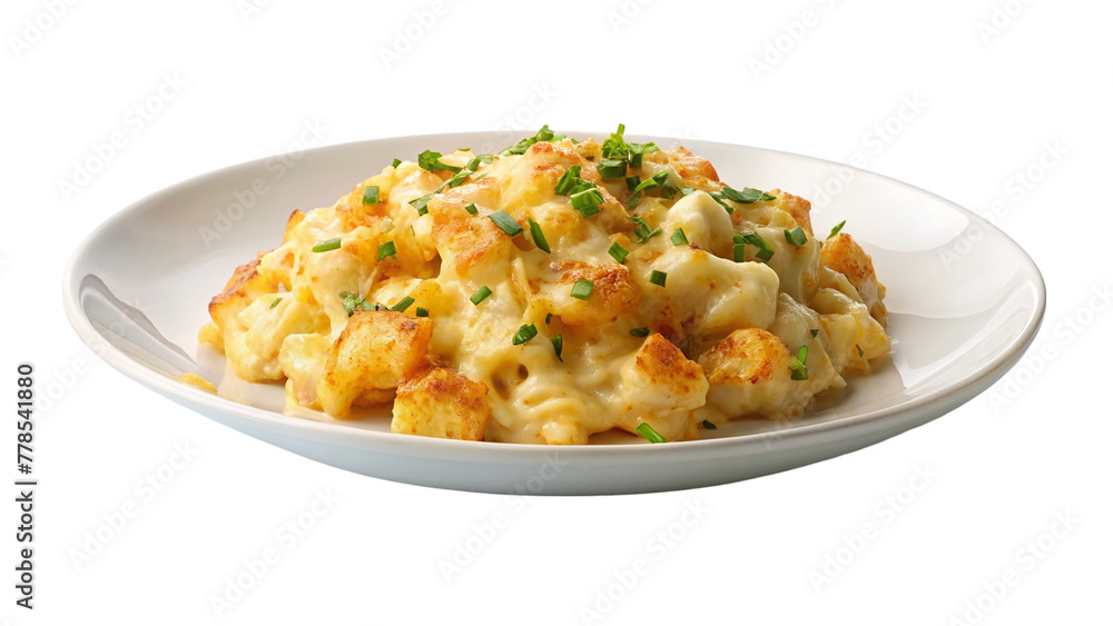 White plate of cheesy potato on transparent background. White plate of cheesy potato on transparent background.