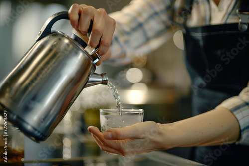 Close up on hands of a Caucasian female employee making herself a cup of tea at work. Boling a water in an electric kettle photo