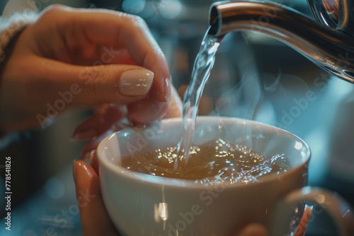 Close up on hands of a Caucasian female employee making herself a cup of tea at work. Boling a water in an electric kettle photo