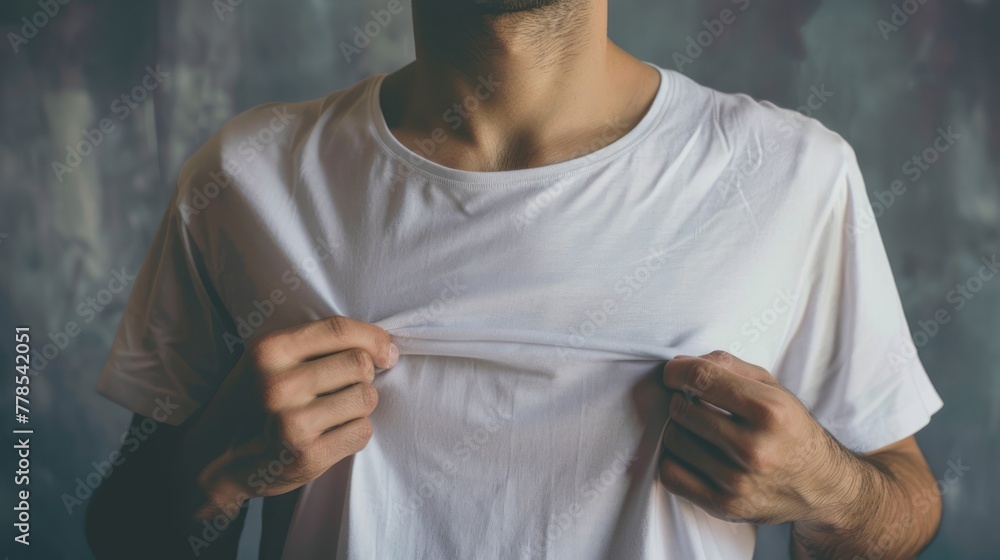 A man model showing white t-shirt for mockup template design. AI generated image
