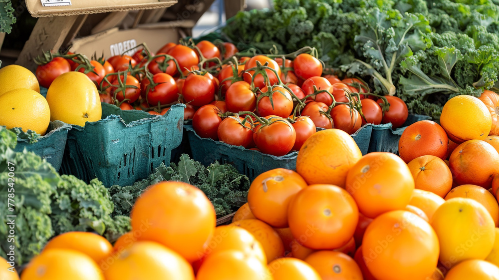 A vibrant farmers market stall, brimming with fresh fruits and vegetables, from tomatoes to kale and oranges. 