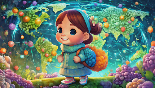 OIL PAINTING STYLE  CARTOON CHARACTER CUTE baby global internet work. World map