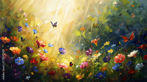 Beautiful colorful spring flowers, morning glory and butterflies in the field. Impressionist style oil painting illustration with bright colors and sun rays  photo
