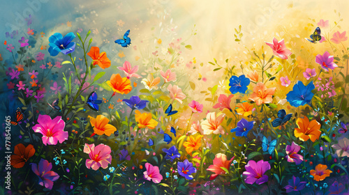 Beautiful colorful spring flowers  morning glory and butterflies in the field. Impressionist style oil painting illustration with bright colors and sun rays 