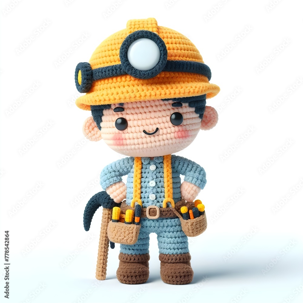 Obraz premium Ai Generated Crochet doll a mining worker cute excited funny smiling wearing uniform and equipment, is standing, 3d render