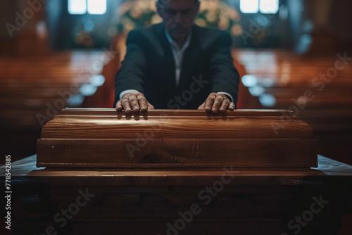 Funeral, man hands and holding coffin at a sad, death and church even of a person with casket. Support, health and worship help of a male at a religion, respect and mourning ceremony with a suit photo