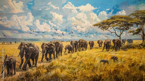 A magnificent herd of African elephants, traversing the vast plains of the Serengeti in a majestic procession, their trumpeting calls echoing across the savanna as they journey towards a distant water