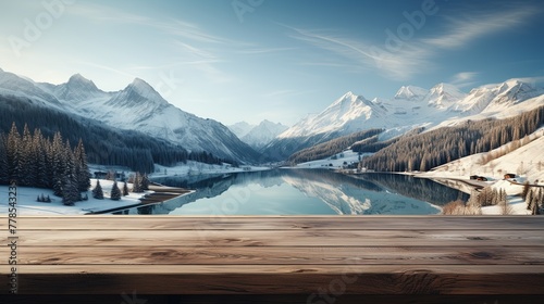 Polished wooden surface against the background of large snow-capped mountains. Product demonstration. Generative AI © kovalovds