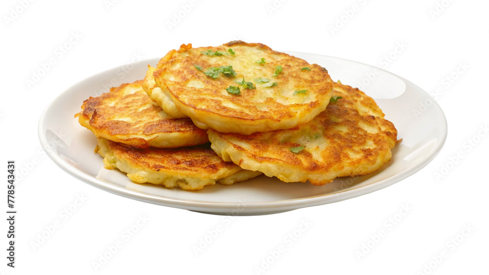 Potato pancake on white plate isolated on transparent background