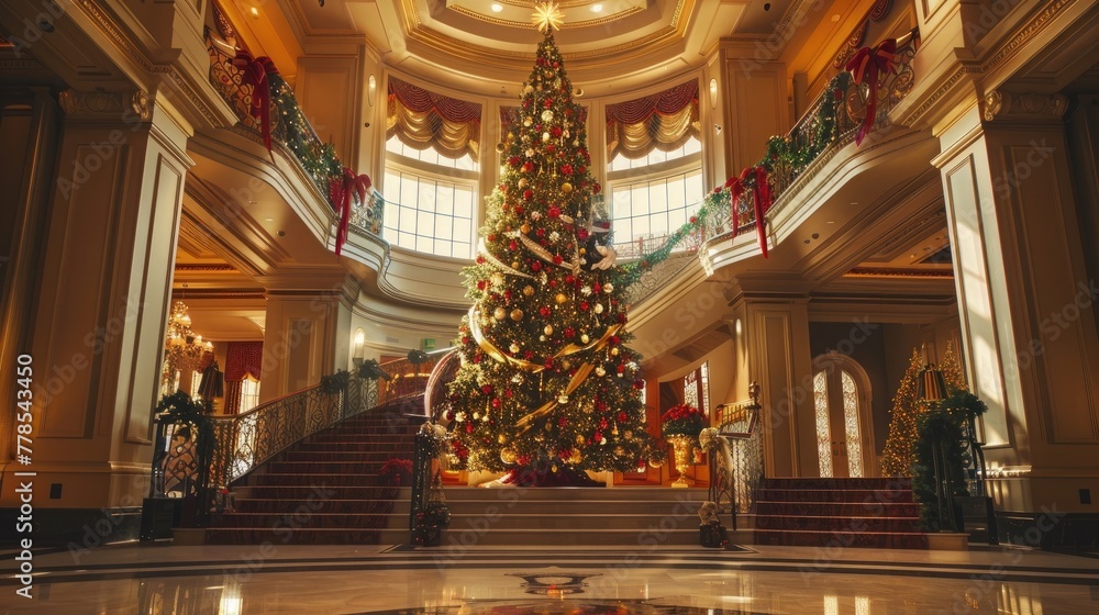 A majestic Christmas tree standing tall in a grand foyer, adorned with shimmering ornaments and cascading ribbons, creating a magical centerpiece for holiday celebrations.