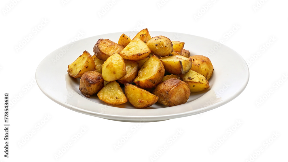Roasted potato on white plate on transparent background.
