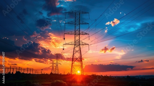 Power transmission lines against a backdrop of a sunset sky with dramatic cloud patterns