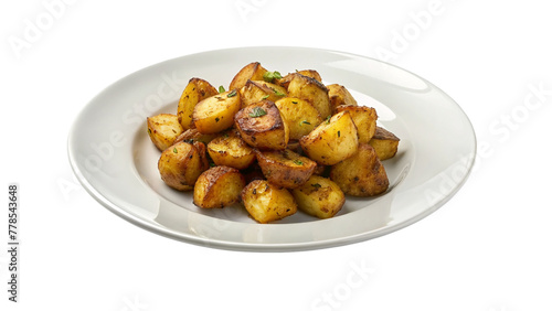 Roasted potato on white plate on transparent background.