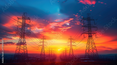 Electrical power lines dominating the skyline at sunset with vibrant colors in the sky