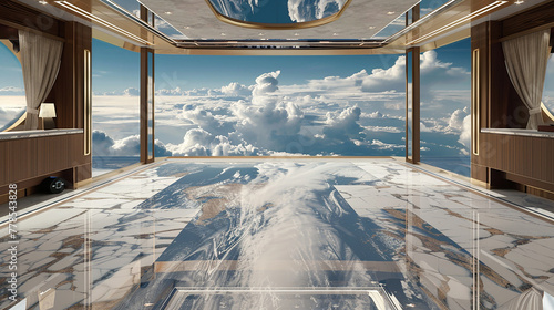 A marble floor in a luxury yacht's main saloon, designed to give guests the impression they are standing atop the earth. 32k, full ultra HD, high resolution