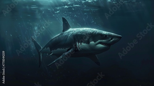 A majestic great white shark, gliding silently through the depths of the ocean with sleek and deadly grace. © Sardar