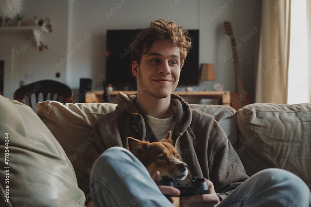 Smiling young man with gamepad sitting on sofa and looking at dog Smiling young man with gamepad sitting on sofa and looking at dog