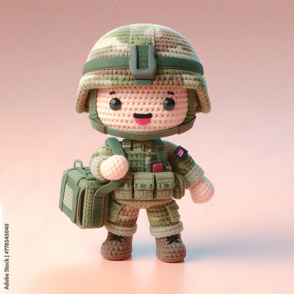 Ai Generated Crochet doll Army cute excited funny smiling wearing uniform and equipment, is standing. 3d render Ai Generated Crochet doll Army cute excited funny smiling wearing uniform and equipment, is standing. 3d render