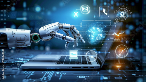 Title   Digital Fusion   Art Description  AI robot hand typing on laptop  digital data floating above  futuristic backdrop.