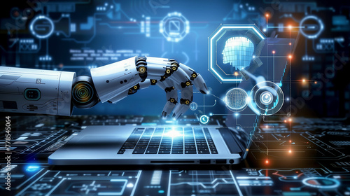 Title: "Digital Fusion"Art Description: AI robot hand typing on laptop, digital data floating above, futuristic backdrop.