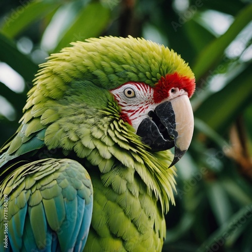 A close-up photo. Wild green macaw parrot, macaw parrot head, ararauna wild bird face, tropical exotic life. 