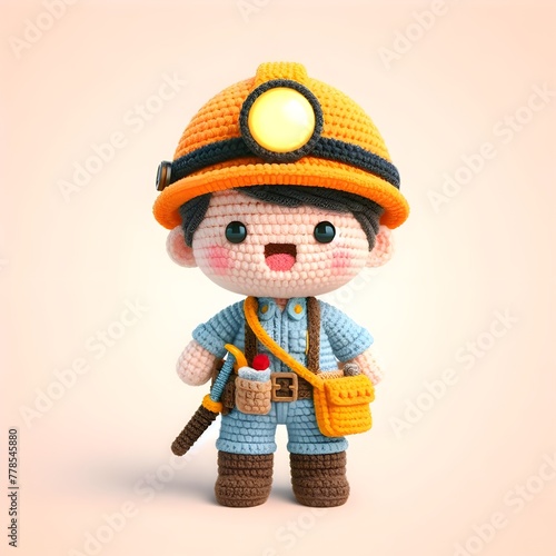 Ai Generated Crochet doll a mining worker cute excited funny smiling wearing uniform and equipment, is standing, 3d render