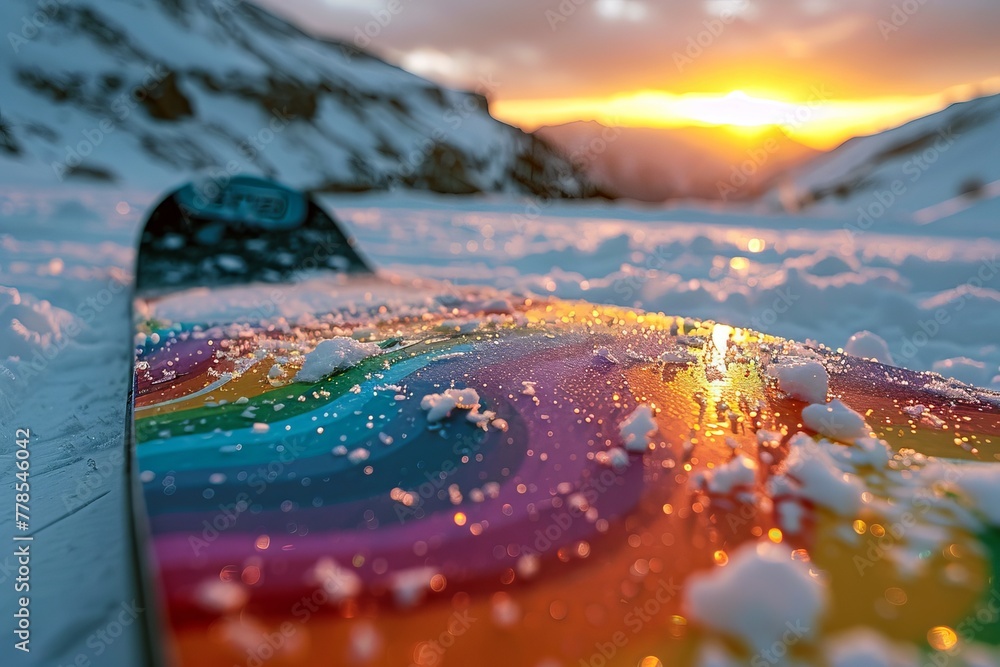 Sunset over snowy mountains with vibrant snowboard Sunset over snowy mountains with vibrant snowboard