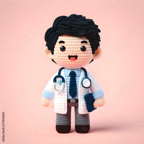 Ai Generated Crochet doll a doctor cute excited funny smiling wearing uniform and equipment, is standing, 3d render