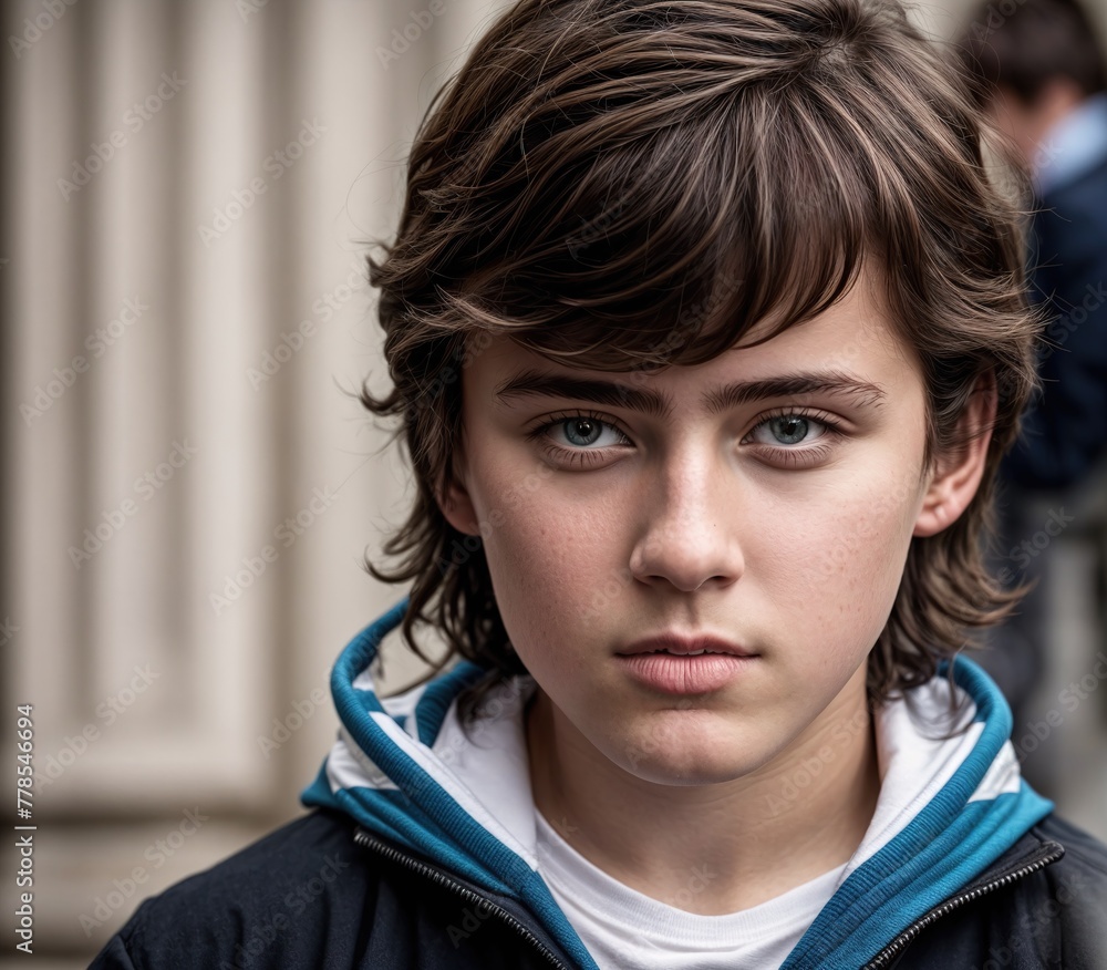 A young boy wearing a blue hoodie and standing in front of a brick wall. A young boy wearing a blue hoodie and standing in front of a brick wall.