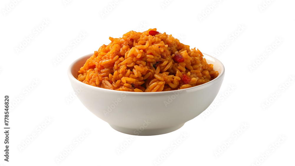 Mexican rice garnished with fresh parsley in white ceramic bowl on transparent background. Mexican rice garnished with fresh parsley in white ceramic bowl on transparent background.