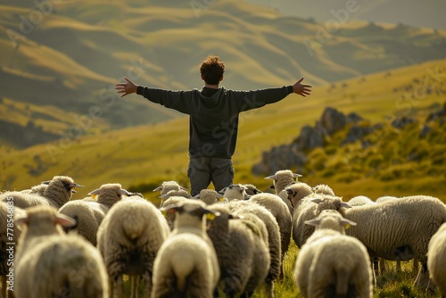 A man stands with outstretched arms among a flock of sheep depicting leadership photo