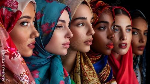 A portrait of five diverse women wearing vibrant headscarves representing cultural beauty. photo