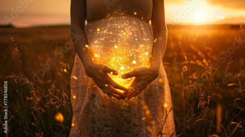 A pregnant woman cradling her belly which glows with golden light symbolizing the miracle of life