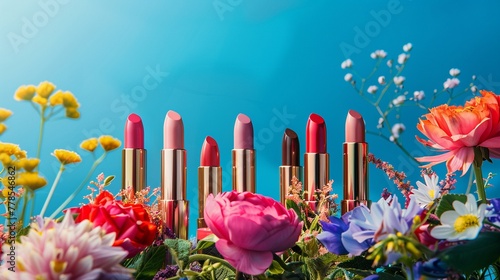 A range of colorful lipsticks is presented in a spring setting among vibrant flowers