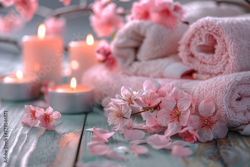 A serene spa setting with pink candles blossoms