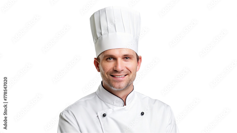A photo of a chef in a white uniform on transparent background.
