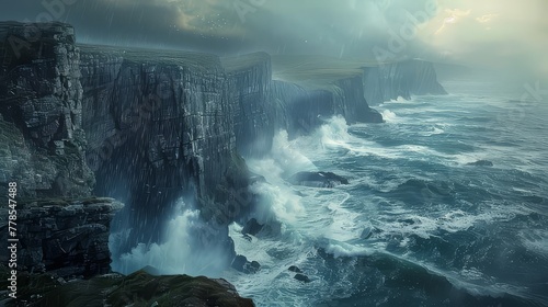 A rugged coastline battered by crashing waves, where towering cliffs rise defiantly from the foaming sea below.