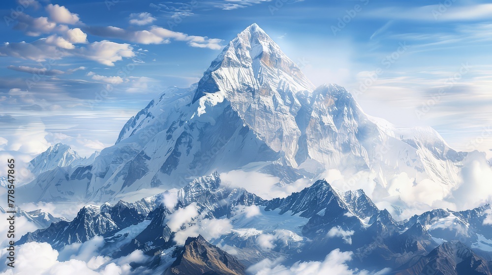 A rugged mountain peak piercing the clouds, its snow-capped summit a symbol of the untamed beauty of the natural world.