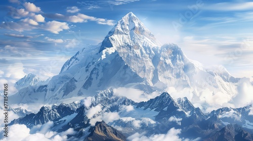 A rugged mountain peak piercing the clouds  its snow-capped summit a symbol of the untamed beauty of the natural world.