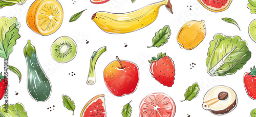 Assorted fruits and vegetables seamless pattern on white background