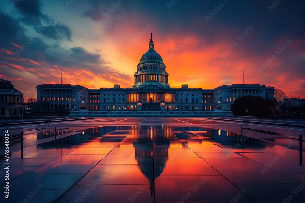 Obraz premium A view exterior of United States Capitol building at sunset in Washington, DC, USA. AI Generation