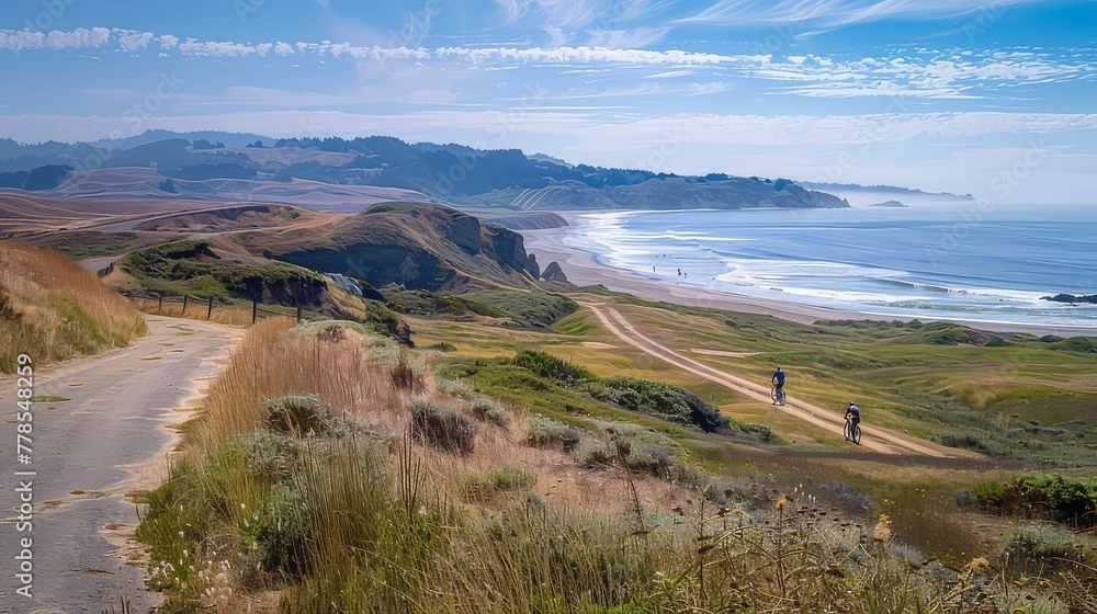 A scenic coastal bike ride along winding paths and sandy shores, with cyclists enjoying the freedom of the open road and the beauty of the natural landscape.